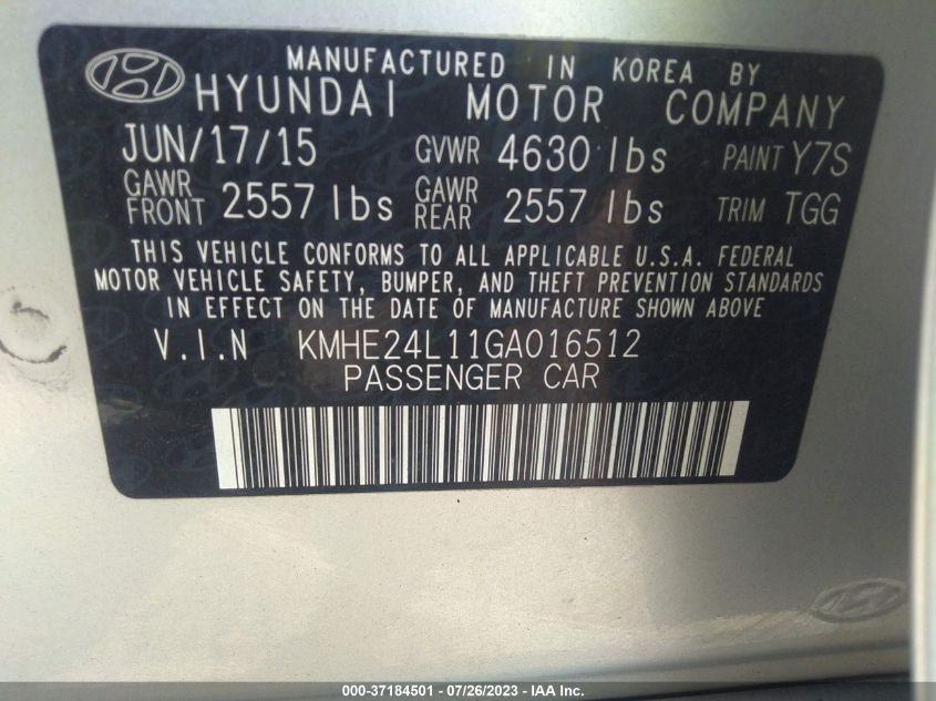 2016 HYUNDAI SONATA HYBRID SE - KMHE24L11GA016512