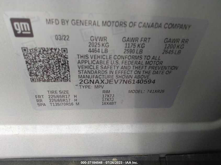 2022 CHEVROLET EQUINOX LT - 2GNAXJEV7N6140594