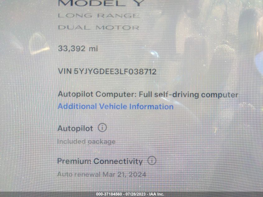 2020 TESLA MODEL Y LONG RANGE - 5YJYGDEE3LF038712