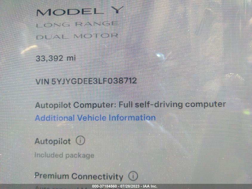 2020 TESLA MODEL Y LONG RANGE - 5YJYGDEE3LF038712