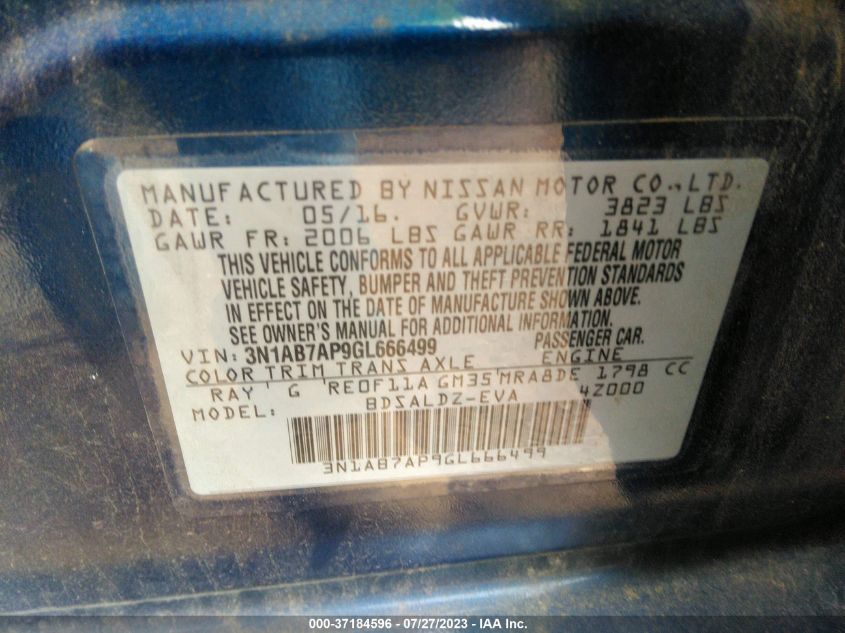 2016 NISSAN SENTRA SR/SL/S/SV/FE+ S - 3N1AB7AP9GL666499