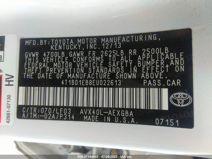 2014 TOYOTA AVALON HYBRID LIMITED/XLE TOURING 4T1BD1EB8EU022613