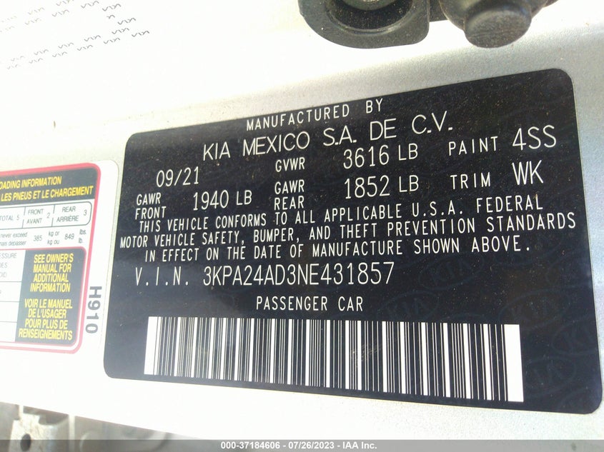 VIN 3KPA24AD3NE431857 2022 KIA RIO LX/S