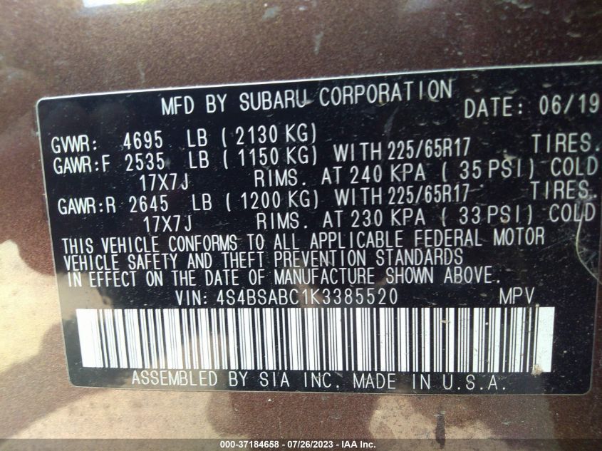 2019 SUBARU OUTBACK - 4S4BSABC1K3385520