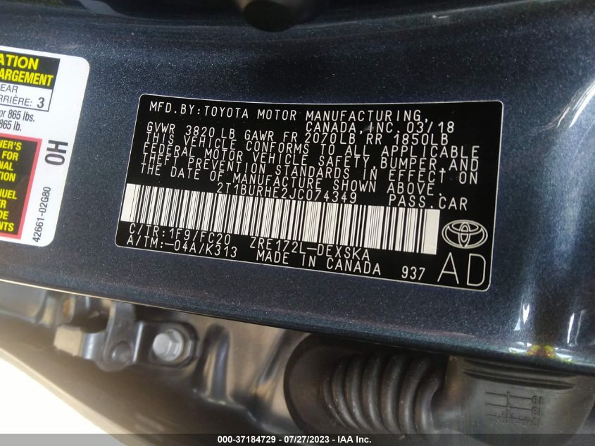 2018 TOYOTA COROLLA L/LE/XLE/SE/XSE - 2T1BURHE2JC074347