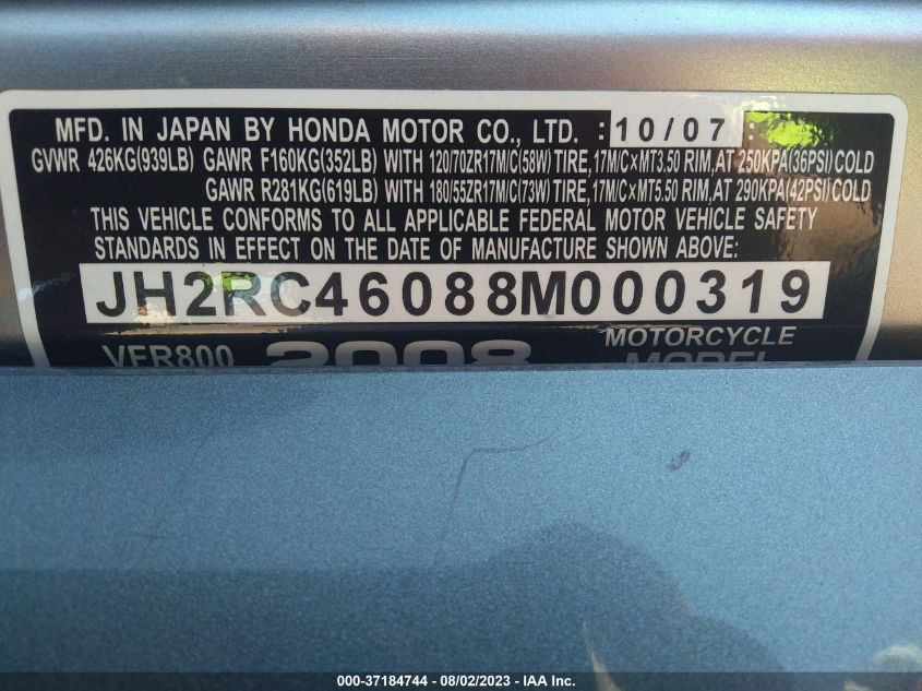 2008 HONDA VFR800 JH2RC46088M000319
