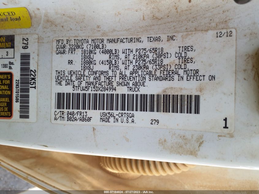 2013 TOYOTA TUNDRA GRADE 5.7L V8 - 5TFUW5F15DX284994