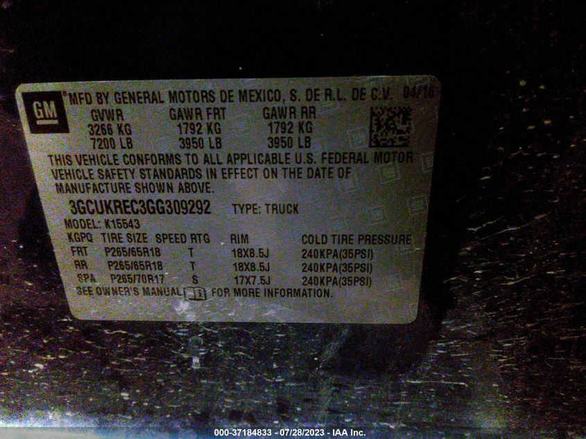2016 CHEVROLET SILVERADO 1500 LT - 3GCUKREC3GG309292
