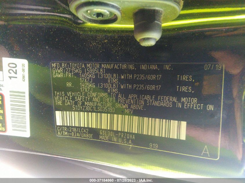 2020 TOYOTA SIENNA XLE AUTO ACCESS - 5TDYZ3DC1LS035193