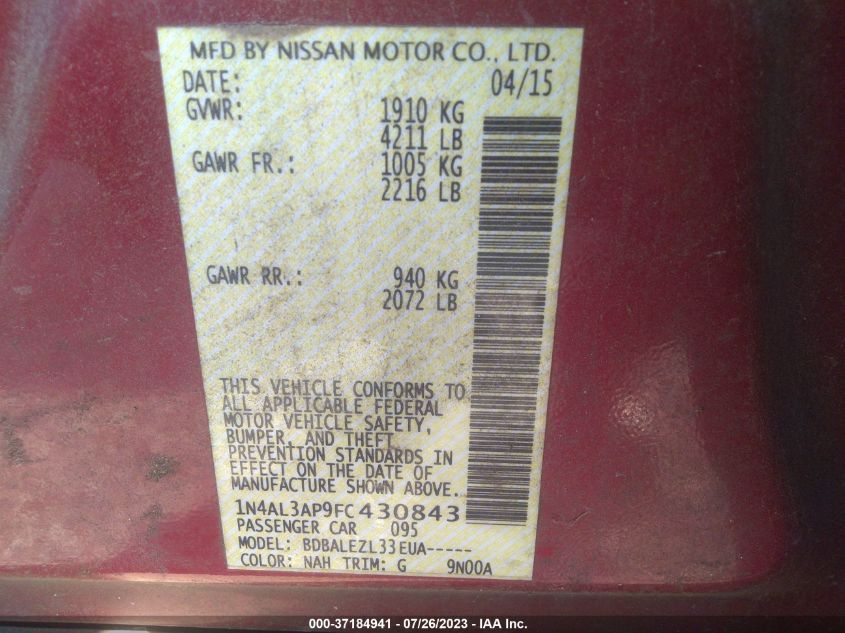 2015 NISSAN ALTIMA 2.5/S/SV/SL - 1N4AL3AP9FC430843