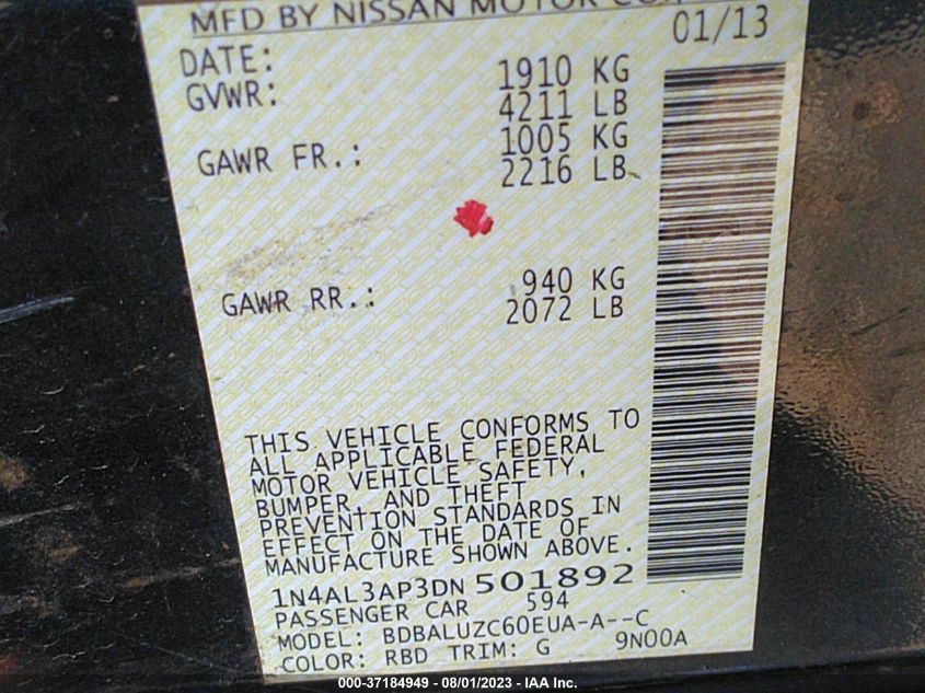 2013 NISSAN ALTIMA 2.5 SV - 1N4AL3AP3DN501892
