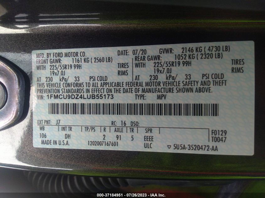 2020 FORD ESCAPE TITANIUM HYBRID - 1FMCU9DZ4LUB55173