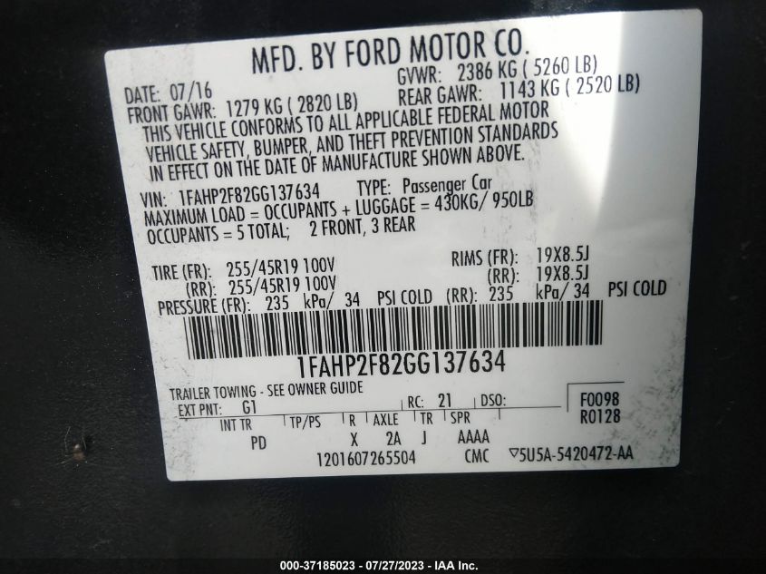 2016 FORD TAURUS LIMITED - 1FAHP2F82GG137634