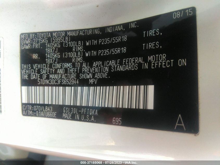 2015 TOYOTA SIENNA XLE/LIMITED - 5TDYK3DC3FS652944