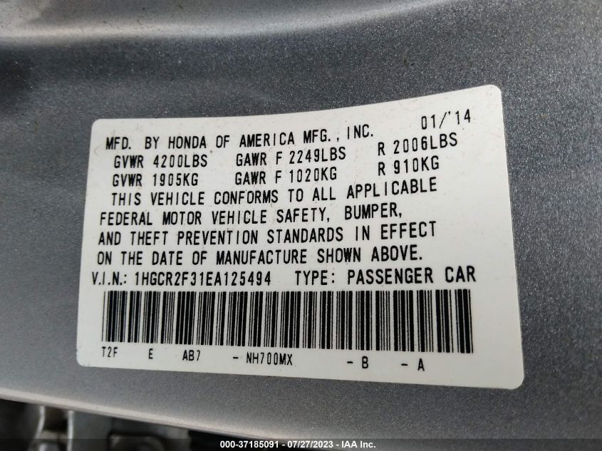 2014 HONDA ACCORD SEDAN LX - 1HGCR2F31EA125494