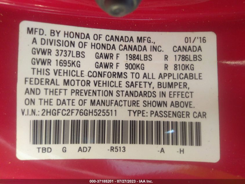 2016 HONDA CIVIC SEDAN EX - 2HGFC2F76GH525511