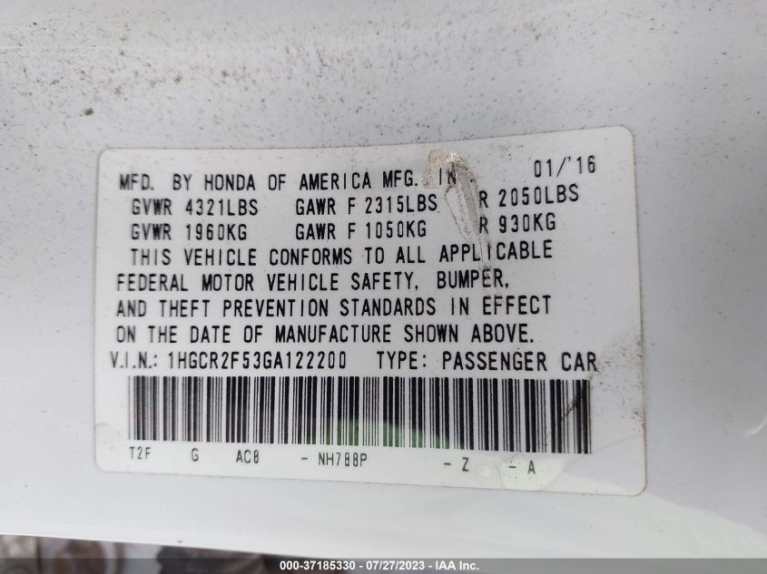 2016 HONDA ACCORD SEDAN SPORT - 1HGCR2F53GA122200