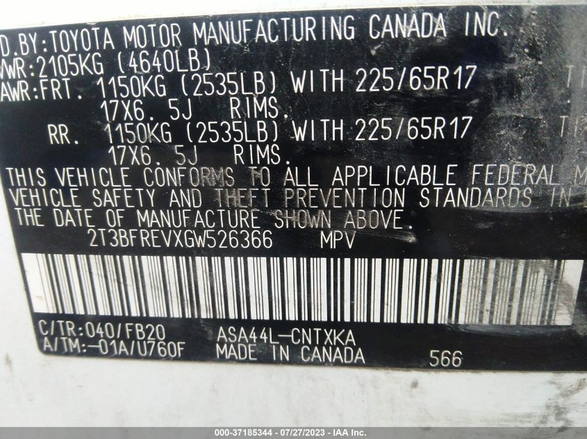 2016 TOYOTA RAV4 LE - 2T3BFREVXGW526366
