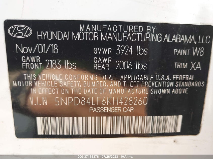 VIN 5NPD84LF6KH428260 2019 HYUNDAI ELANTRA SEL