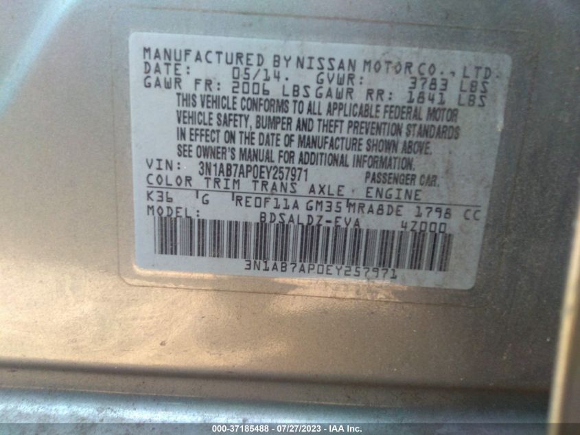 2014 NISSAN SENTRA S/FE+ S/SV/FE+ SV/SR/SL - 3N1AB7AP0EY257971
