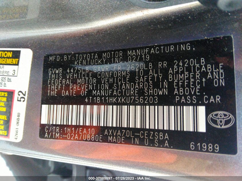 2019 TOYOTA CAMRY LE/SE/XLE/L - 4T1B11HKXKU756203
