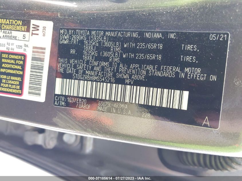 2021 TOYOTA HIGHLANDER XLE - 5TDGZRBH8MS545216