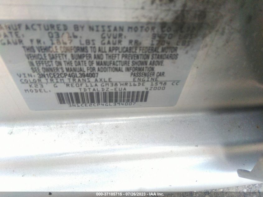 2016 NISSAN VERSA NOTE S/S PLUS/SV/SR/SL - 3N1CE2CP4GL394007