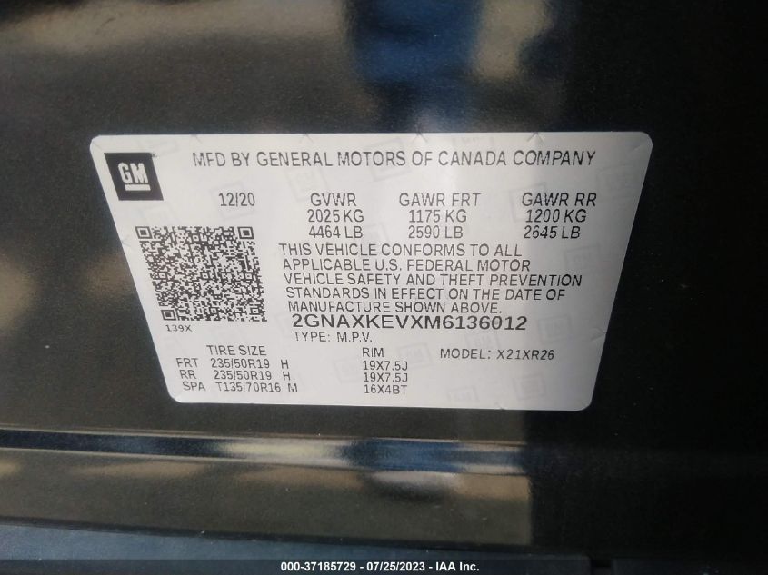 2021 CHEVROLET EQUINOX LT - 2GNAXKEVXM6136012