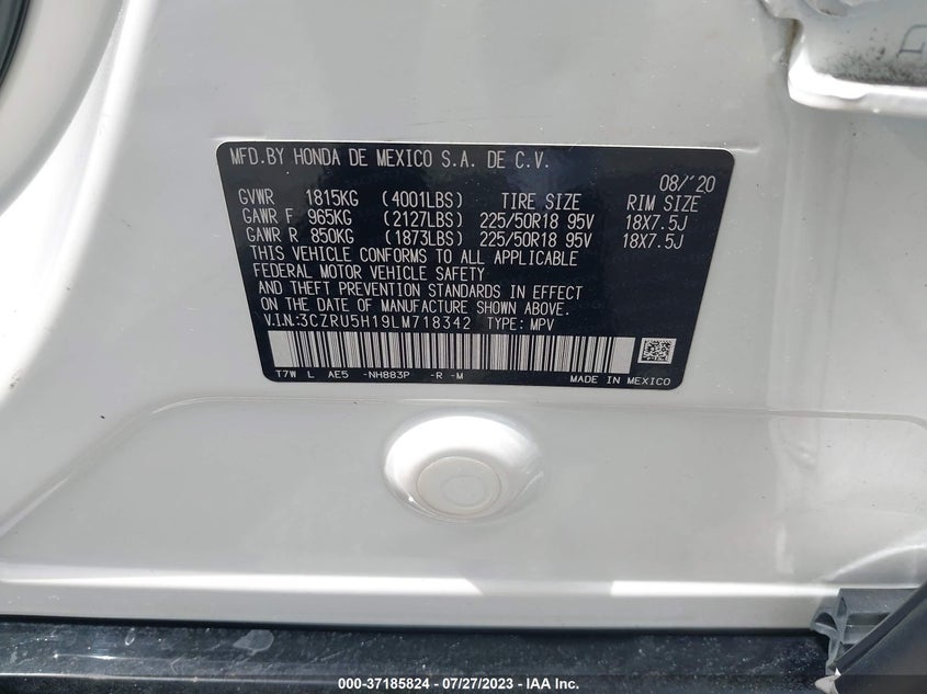VIN 3CZRU5H19LM718342 2020 HONDA HR-V SPORT
