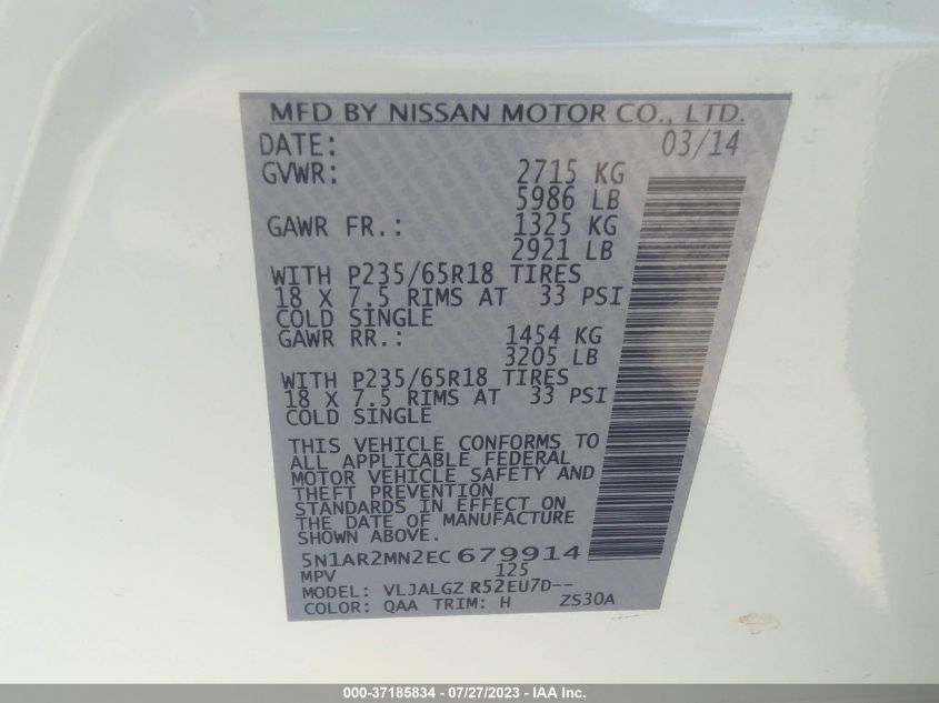 2014 NISSAN PATHFINDER SL - 5N1AR2MN2EC679914