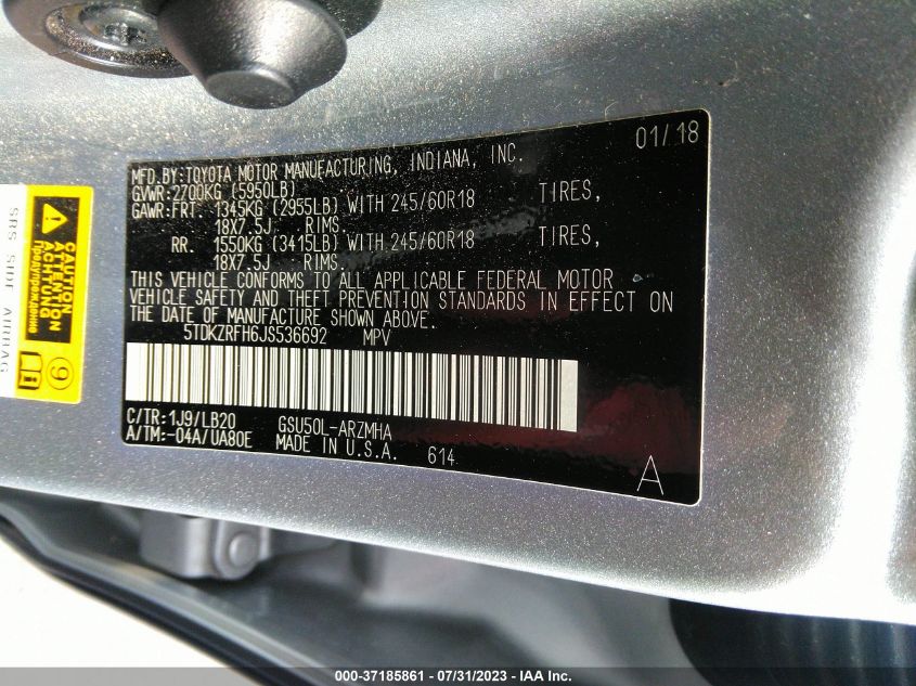 2018 TOYOTA HIGHLANDER SE/XLE - 5TDKZRFH6JS536692