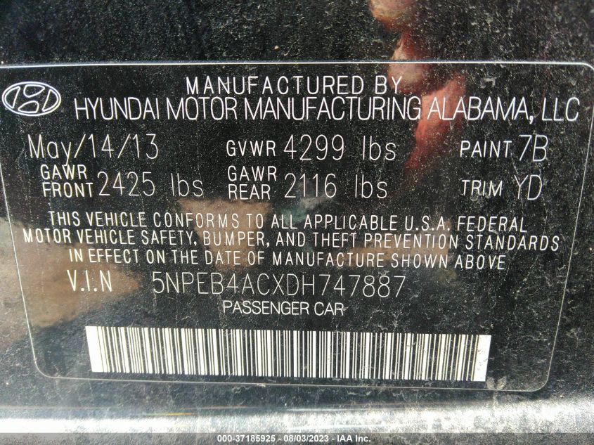 2013 HYUNDAI SONATA GLS - 5NPEB4ACXDH747887