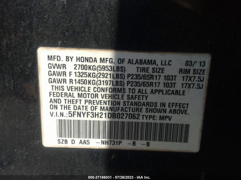 2013 HONDA PILOT LX - 5FNYF3H21DB027062