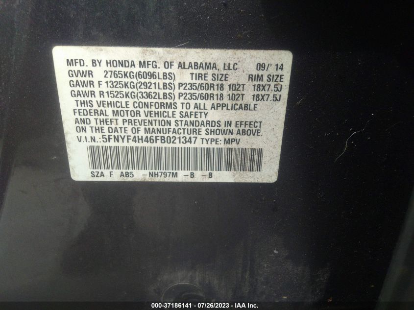 2015 HONDA PILOT EX - 5FNYF4H46FB021347