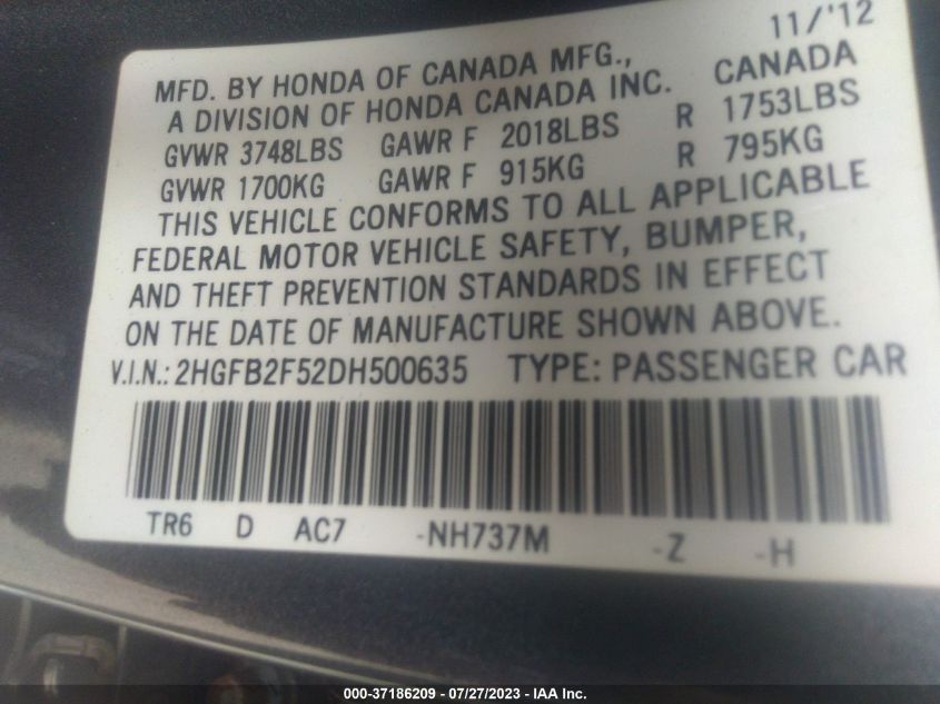 2013 HONDA CIVIC SDN LX - 2HGFB2F52DH500635