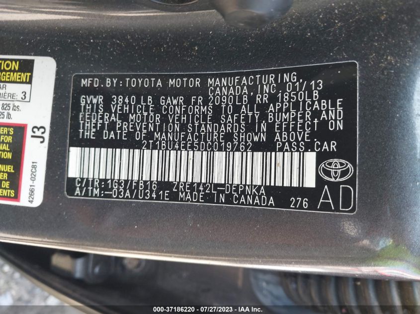 2013 TOYOTA COROLLA L/LE/S - 2T1BU4EE5DC019762
