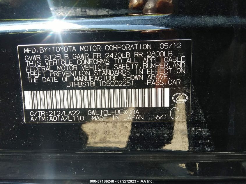 2013 LEXUS GS 450H HYBRID JTHBS1BL1D5002251