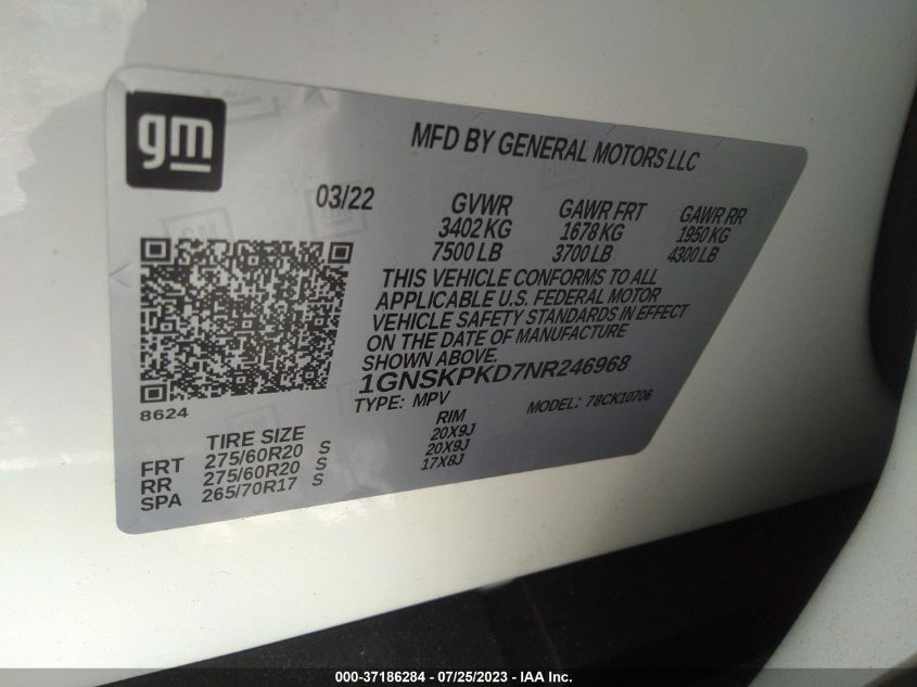 2022 CHEVROLET TAHOE Z71 - 1GNSKPKD7NR246968