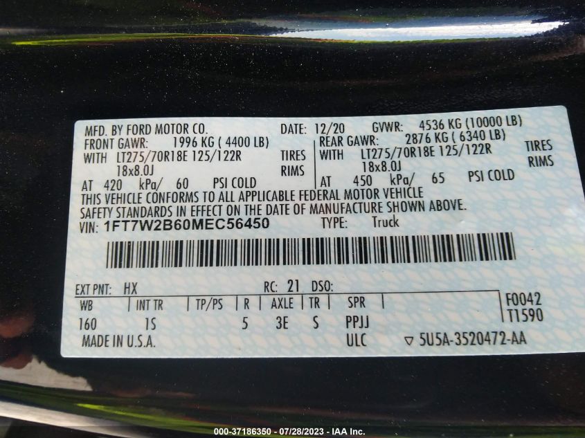 2021 FORD SUPER DUTY F-250 SRW XL/XLT/LARIAT - 1FT7W2B60MEC56450