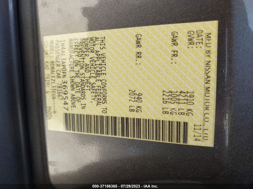 2015 NISSAN ALTIMA 2.5 S - 1N4AL3AP0FN369547