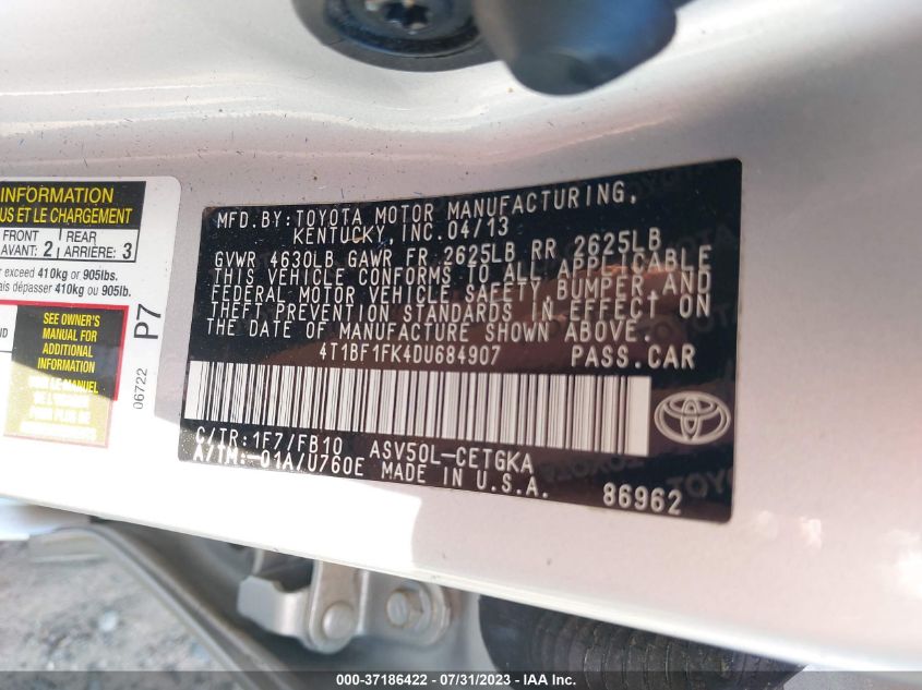 2013 TOYOTA CAMRY L/LE/SE/XLE - 4T1BF1FK4DU684907