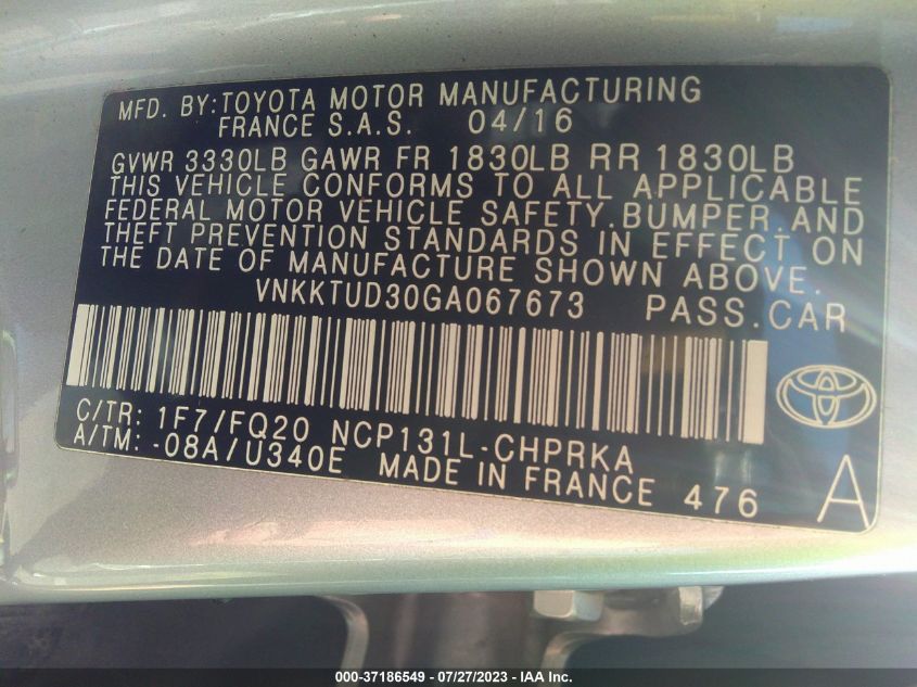 2016 TOYOTA YARIS L/SE/LE - VNKKTUD30GA067673