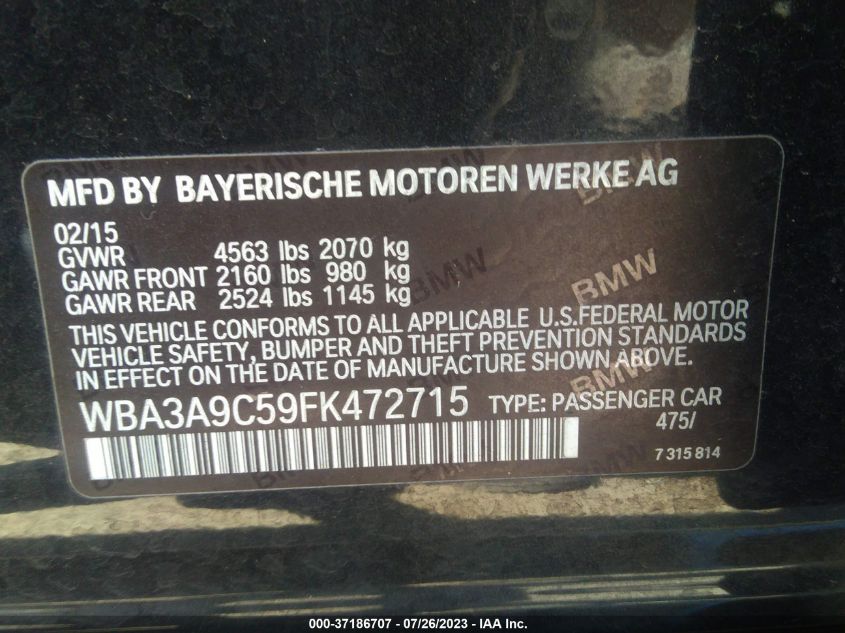 2015 BMW 3 SERIES 335I - WBA3A9C59FK472715