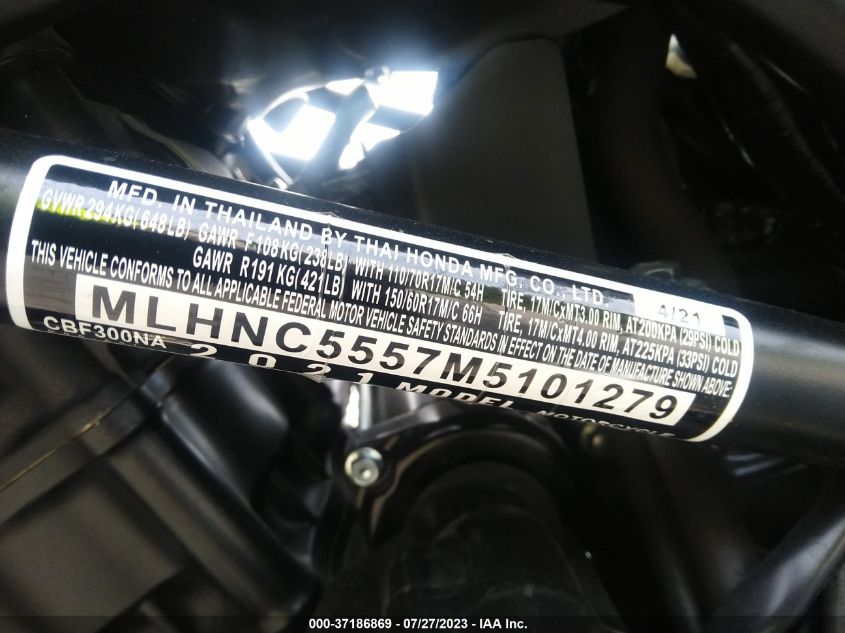 2021 HONDA CBF300 NA MLHNC5557M5101279