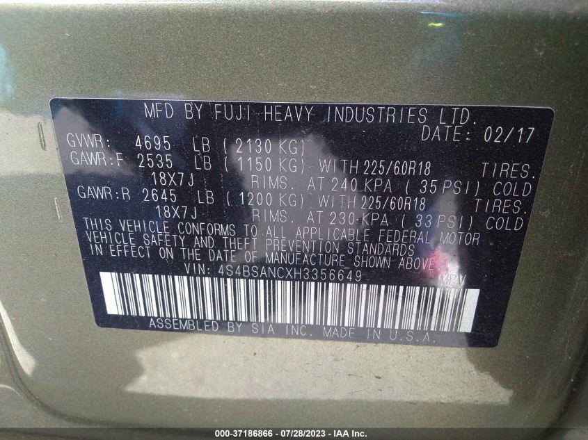 2017 SUBARU OUTBACK LIMITED - 4S4BSANCXH3356649