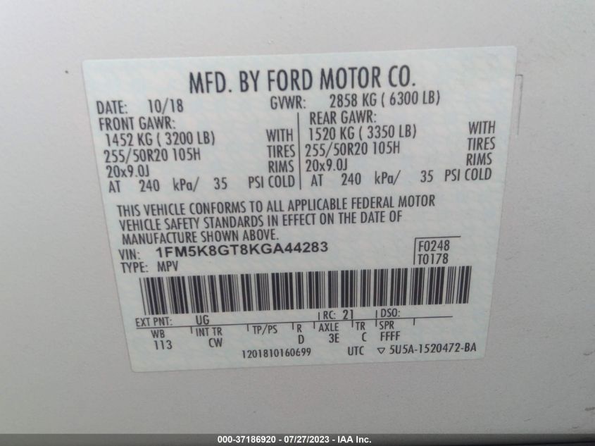 2019 FORD EXPLORER SPORT - 1FM5K8GT8KGA44283
