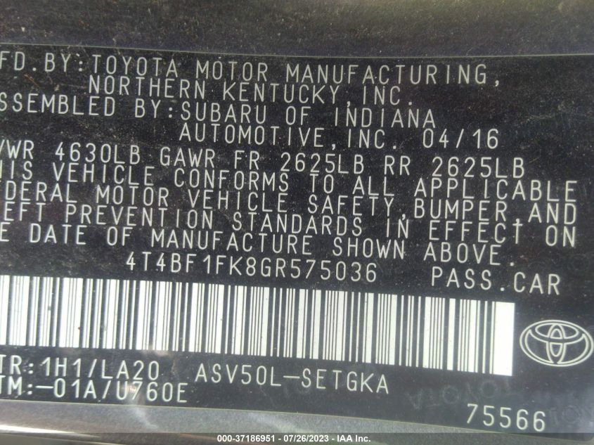 2016 TOYOTA CAMRY XLE/SE/LE/XSE - 4T4BF1FK8GR575036