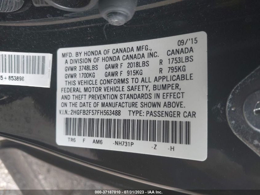 2015 HONDA CIVIC SEDAN LX - 2HGFB2F57FH563488