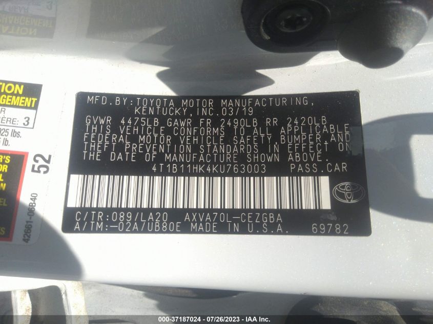 2019 TOYOTA CAMRY LE/SE/XLE/L - 4T1B11HK4KU763003