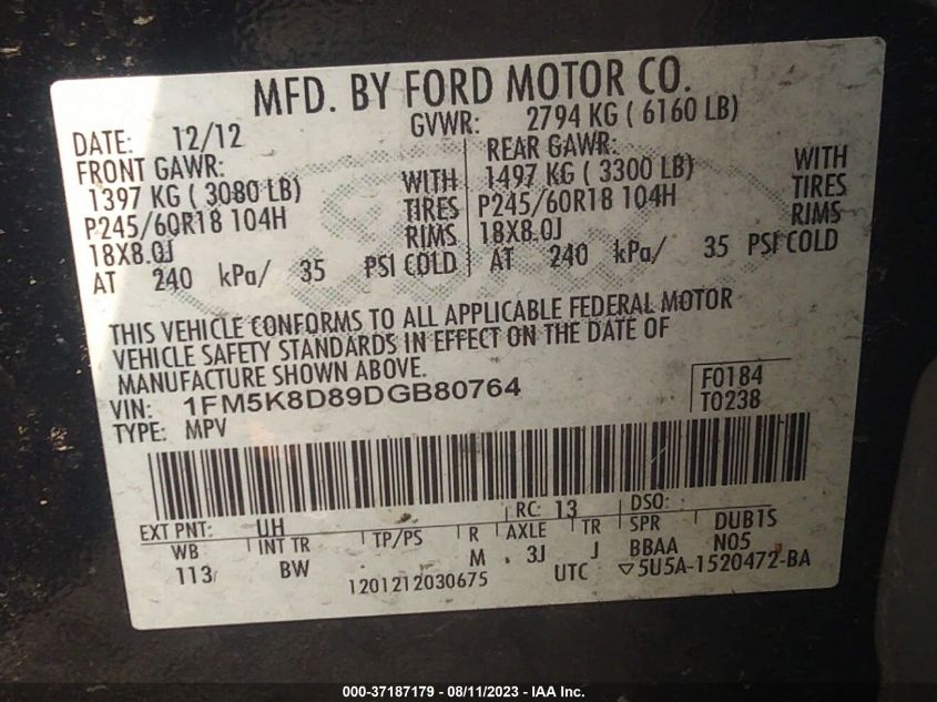 2013 FORD EXPLORER XLT - 1FM5K8D89DGB80764